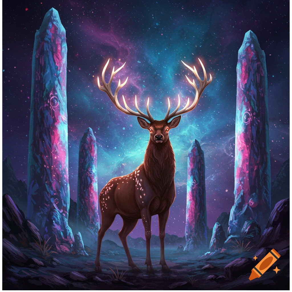 A deer with glowing antlers stands among glowing spires under a starry cosmic sky