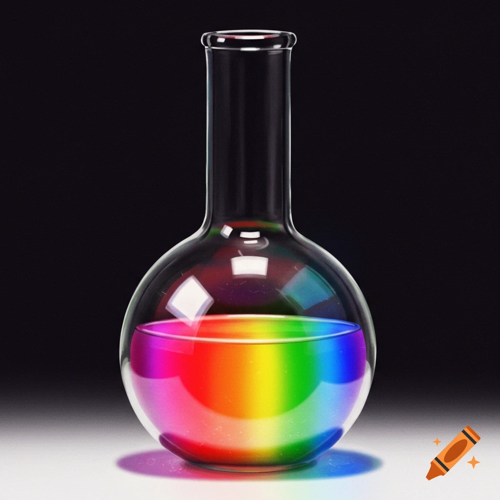 A glass round-bottom lab flask holds a vibrant rainbow-colored liquid against a dark background.