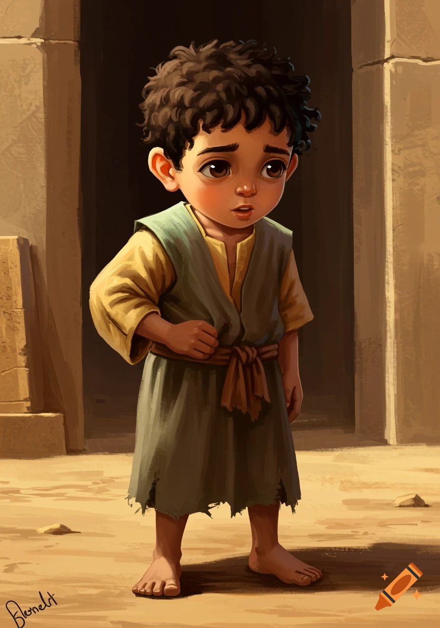 Cartoon illustration of a sad young boy in ancient clothing standing in a desert.
