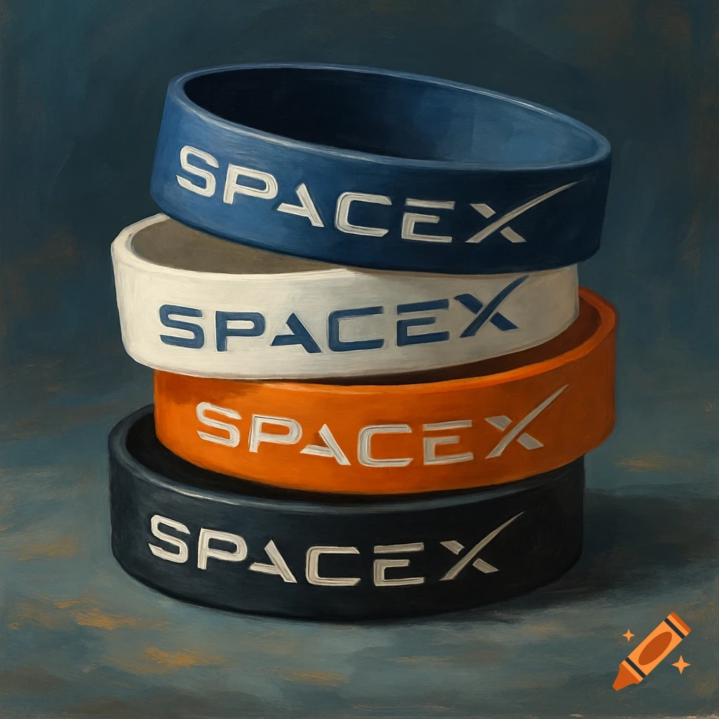 Stack of SpaceX wristbands in blue, white, orange, and black, painted style