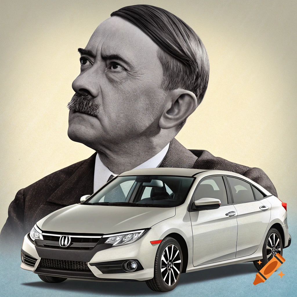 Portrait of Adolf Hitler with a silver Honda Civic car in the foreground.