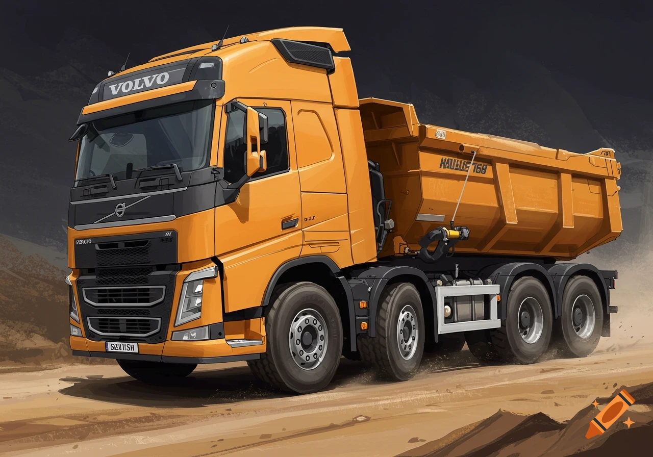 An orange Volvo dump truck on a dirt road.