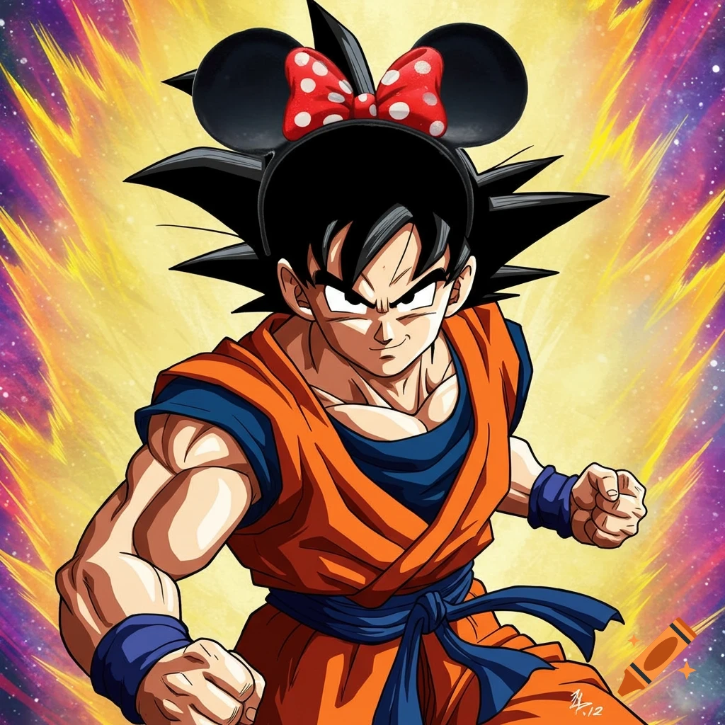 Goku from Dragon Ball Z wearing Minnie Mouse ears in anime style.