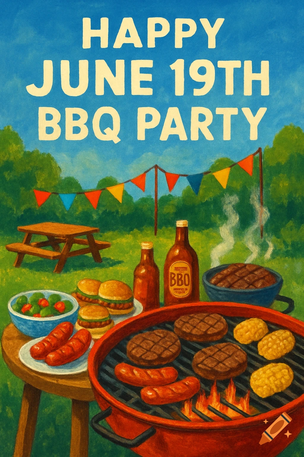 Painted illustration of a Happy June 19th BBQ Party with food on a grill and picnic table