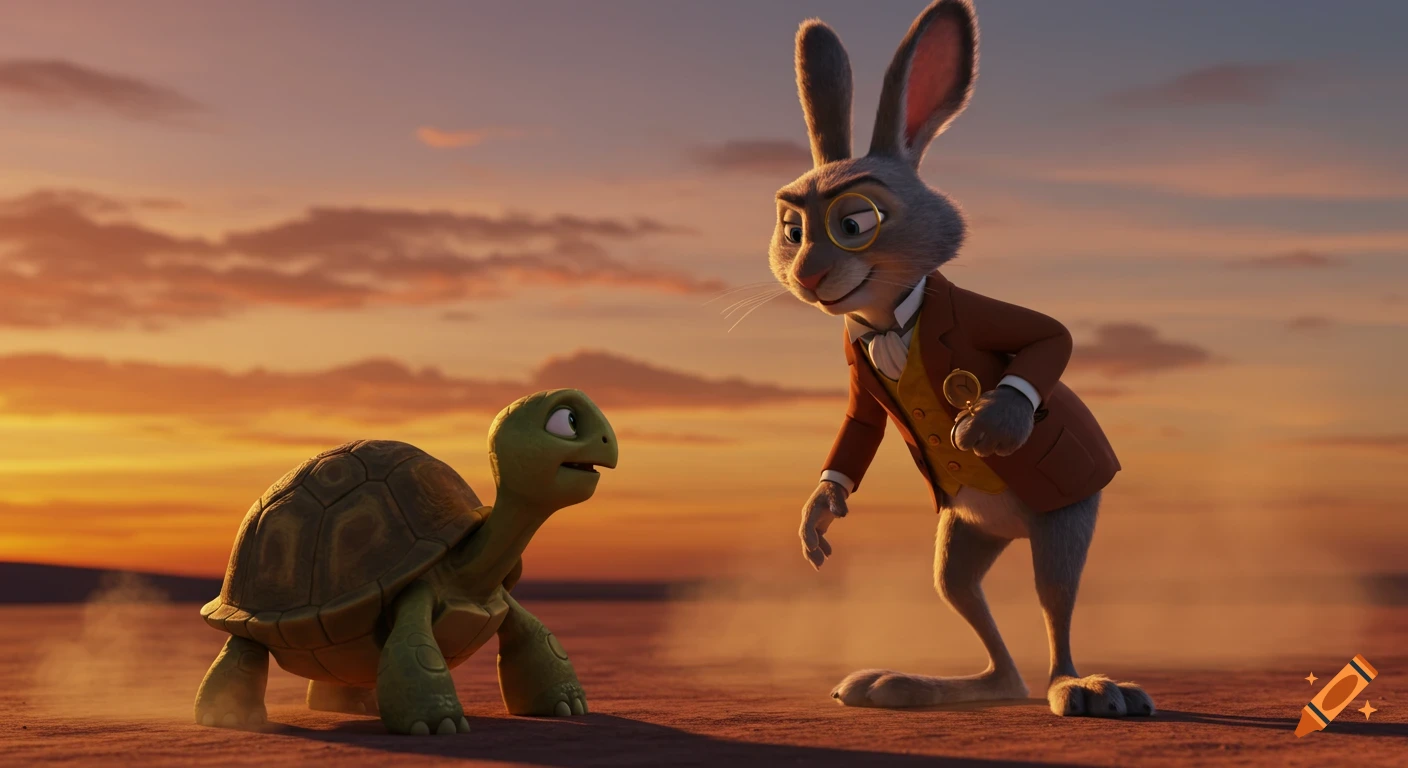 CGI illustration of a cartoon tortoise and a dressed rabbit facing each other at sunset.