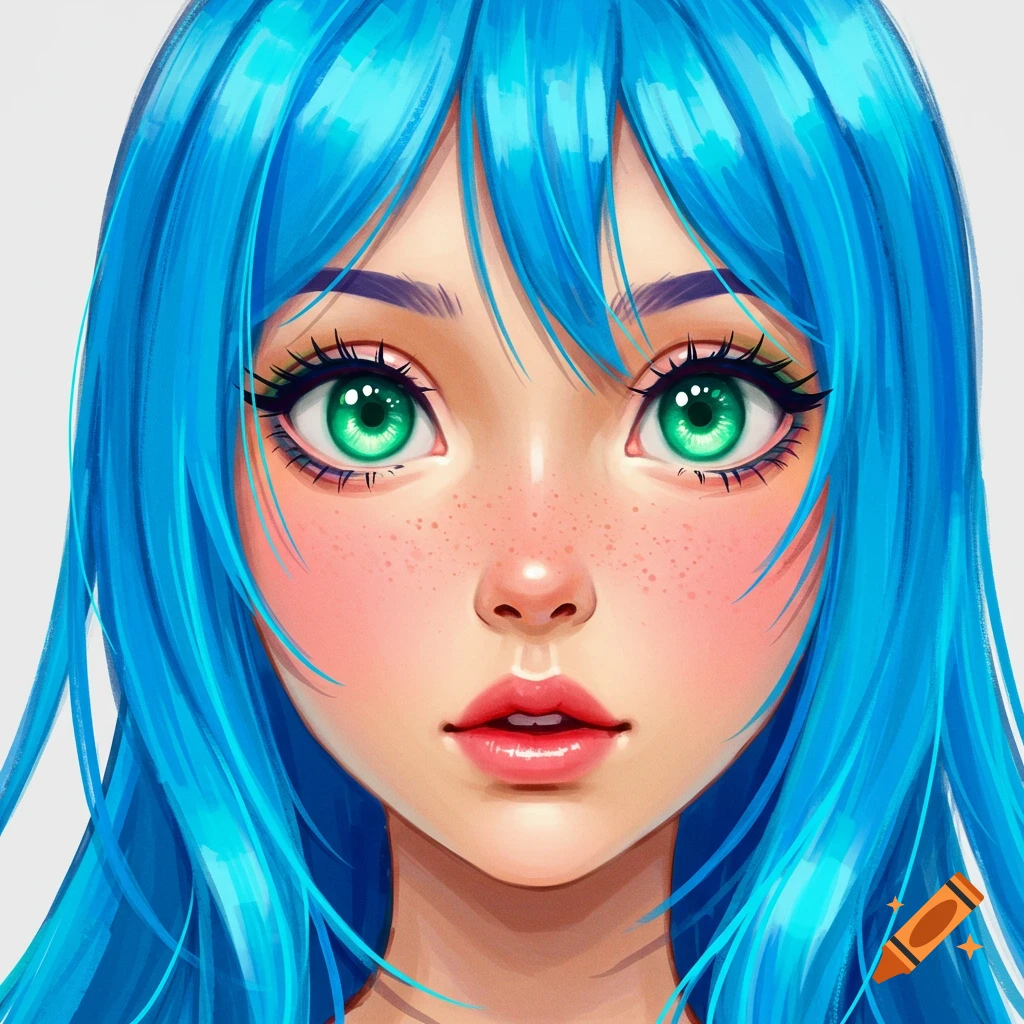 Close-up anime portrait of a girl with blue hair and green eyes. on Craiyon