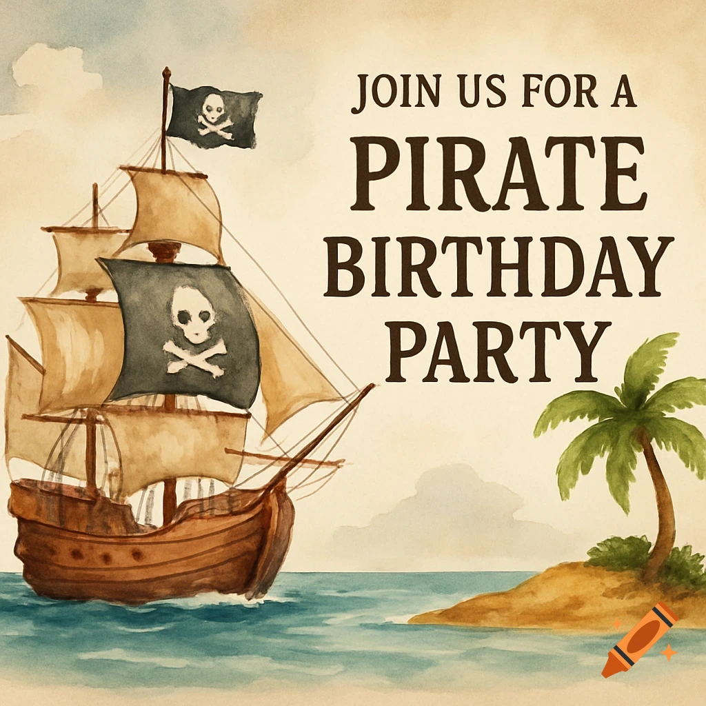 Watercolor illustration of a pirate ship and island with text "JOIN US FOR A PIRATE BIRTHDAY PARTY"