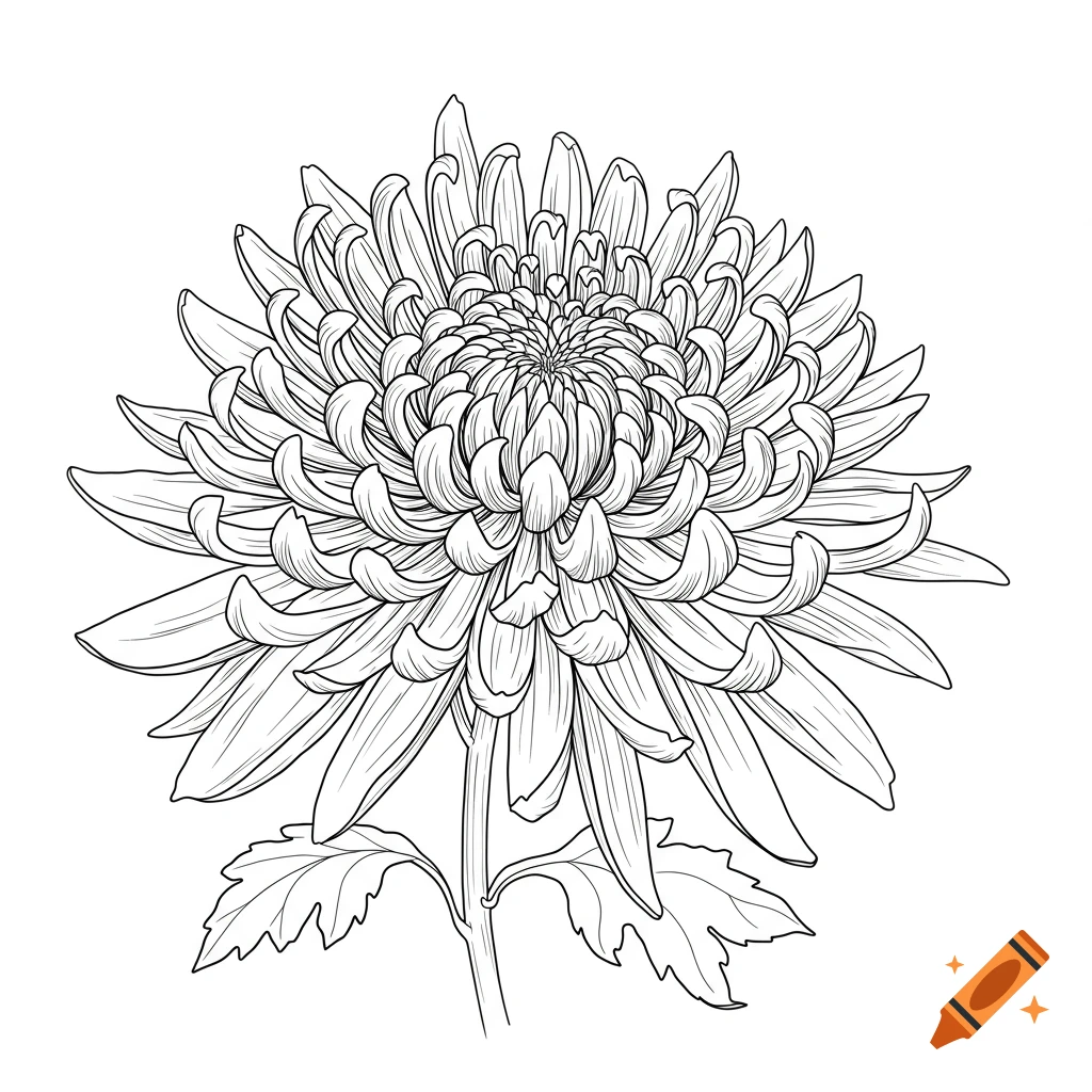 A detailed black and white line drawing of a chrysanthemum flower with many petals.