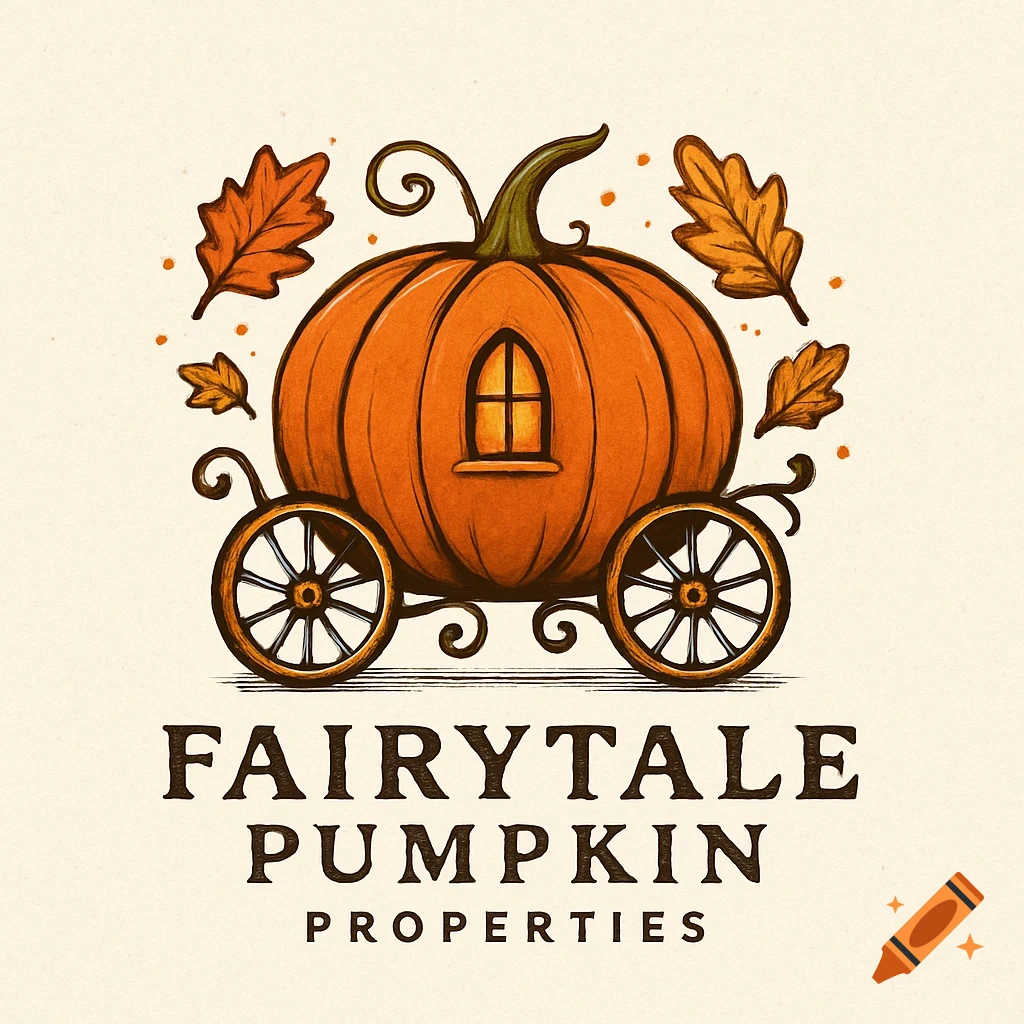 Stylized illustration of a pumpkin carriage with fall leaves and the text FAIRYTALE PUMPKIN PROPERTIES.