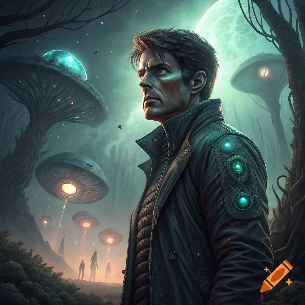 A man in a dark jacket looks to the side in a misty alien forest with strange mushroom-like structures and hovering UFOs.