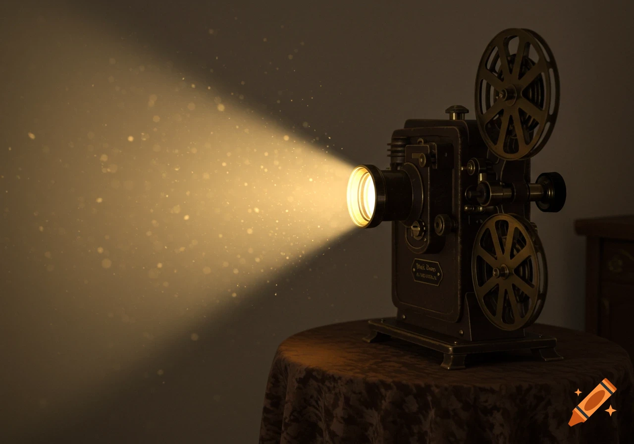 Vintage movie projector casting a dusty beam of light in a dark room.