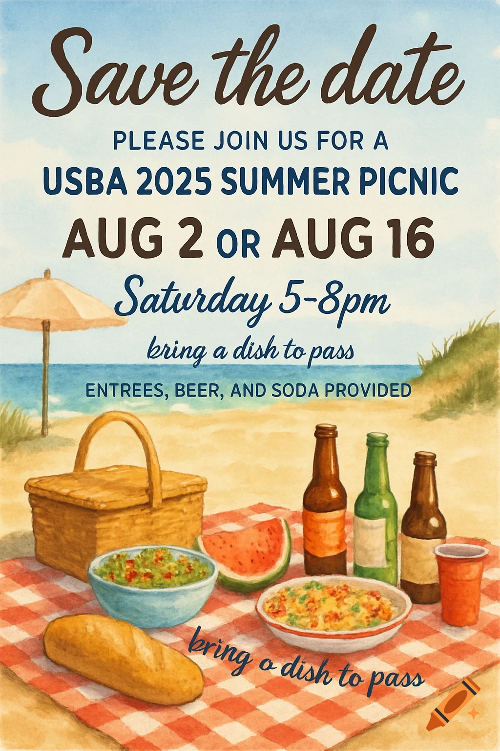 Watercolor illustration of a beach picnic with food and drinks on a checkered blanket, featuring text for a save the date flyer.