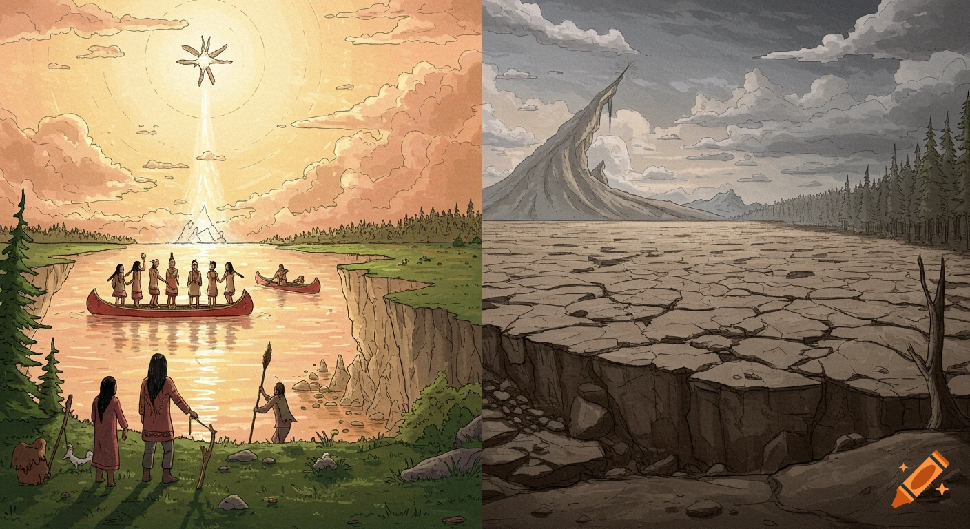 Illustration showing two halves: left vibrant river scene with people in canoes under bright sky, right barren cracked land with mountain under cloudy sky.