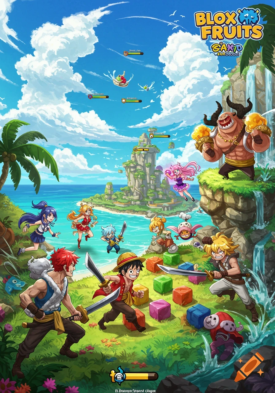 Anime characters fight in a colorful tropical fantasy landscape with floating islands and waterfalls.