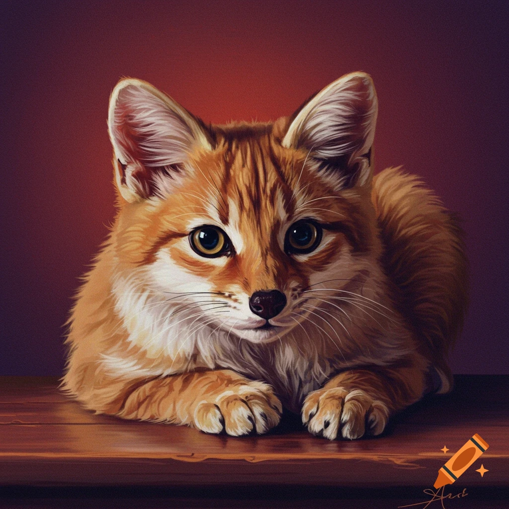 Illustration of a cute cat-like fox sitting on a wooden surface.