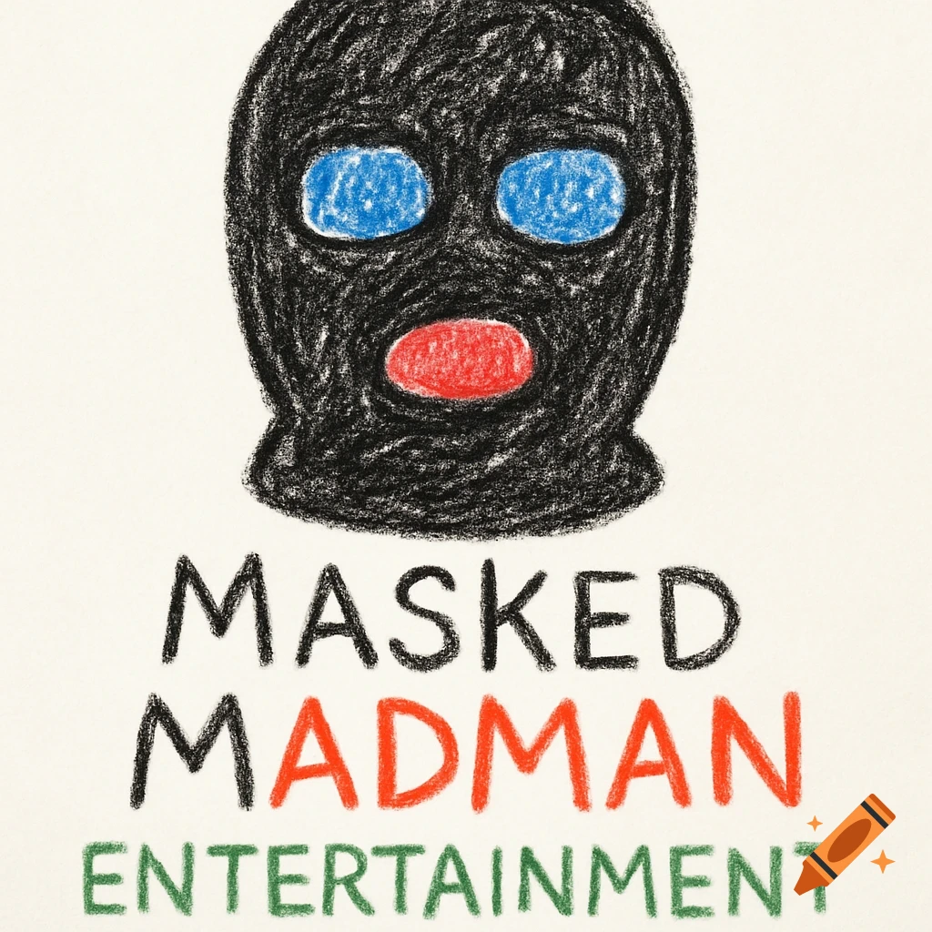 Kids' drawing of a black ski mask over the words MASKED MADMAN ENTERTAINMENT