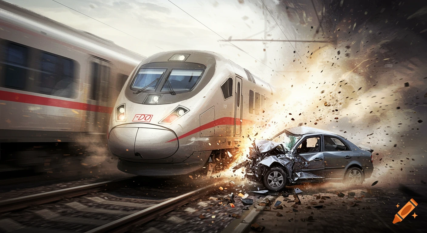 A train collides with a car, causing an explosion of debris. Stylized depiction.