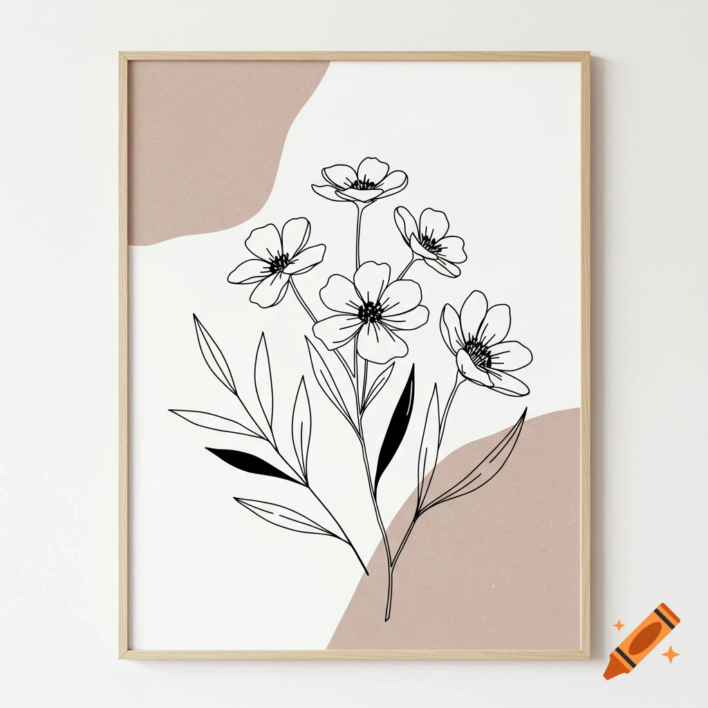 Framed minimalist black and white line drawing of flowers and leaves with abstract shapes.