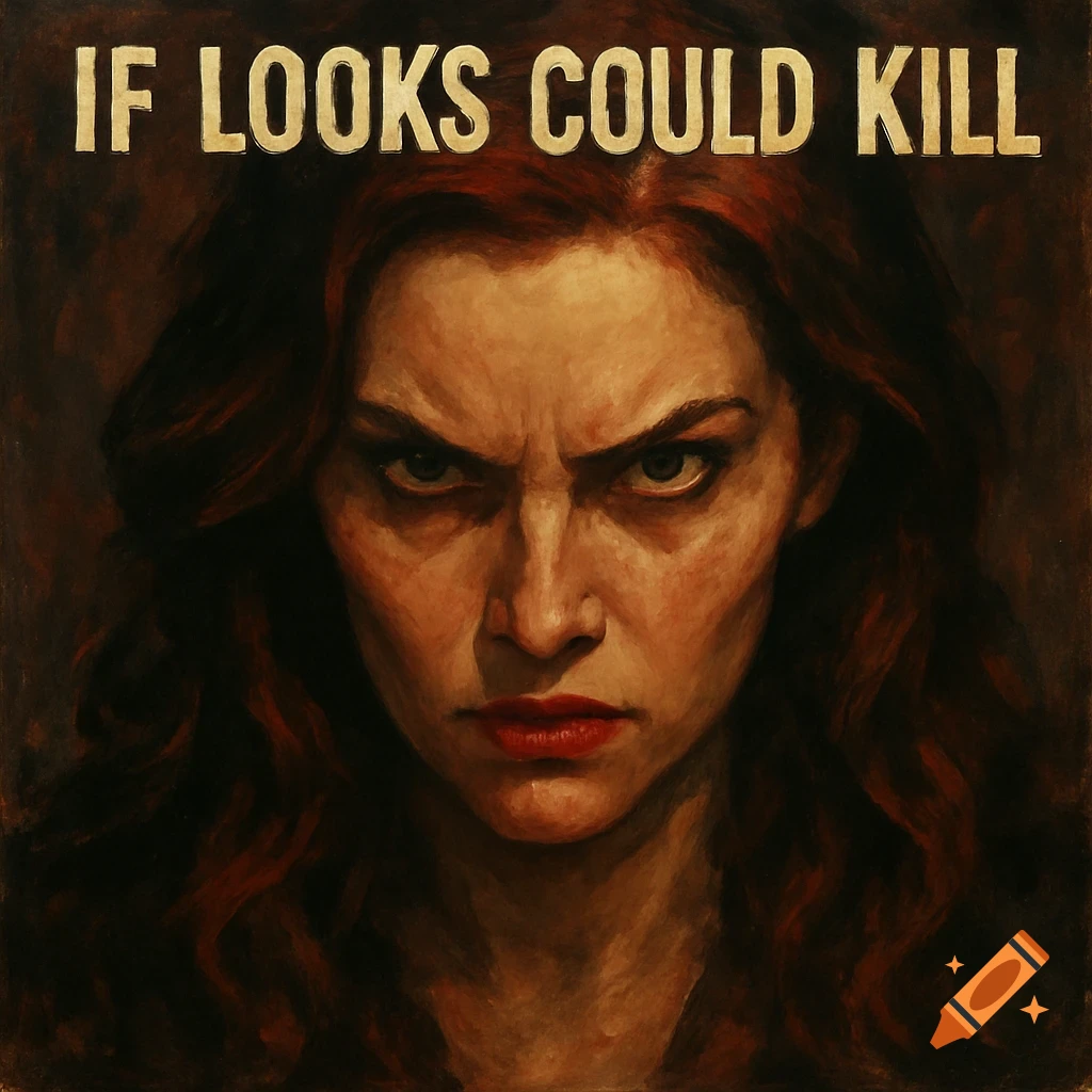 Painterly portrait of an angry woman with red hair and 'IF LOOKS COULD KILL' text