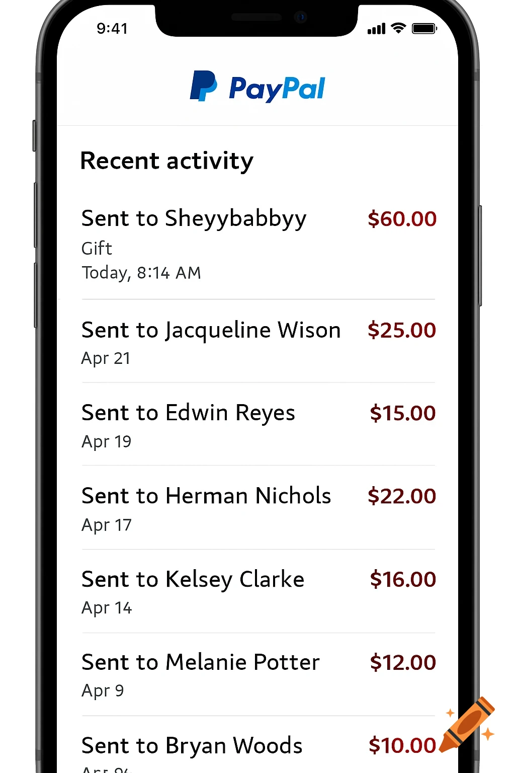 Screenshot of a mobile phone displaying a list of recent PayPal transactions.