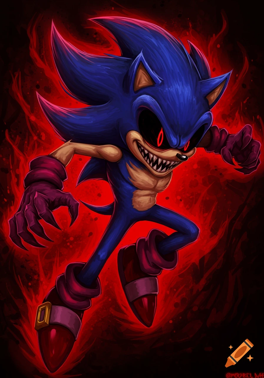 A creepy blue hedgehog creature with red eyes, sharp teeth, and claws poses menacingly against a red, smoky background.