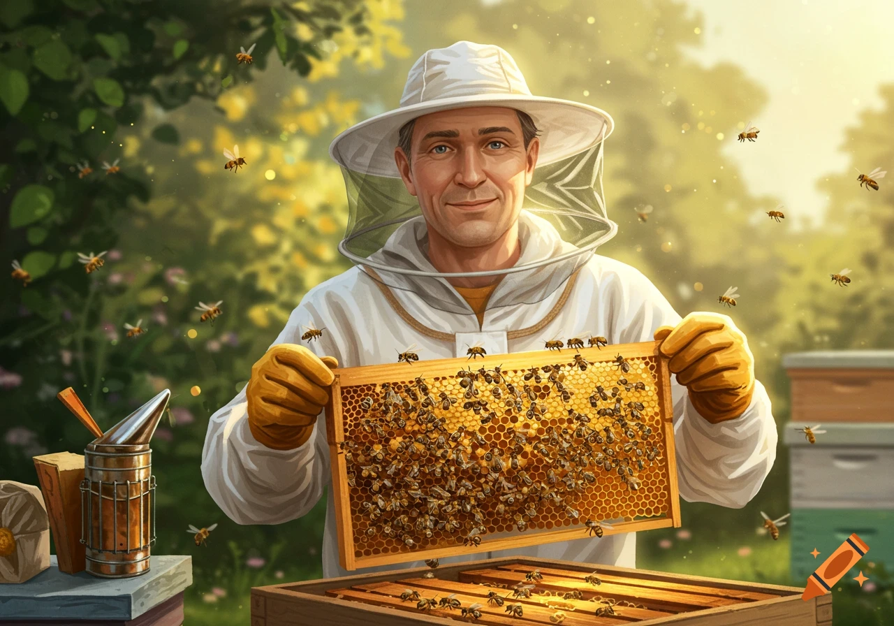A beekeeper in a suit holds a wooden frame covered in bees and honeycomb.