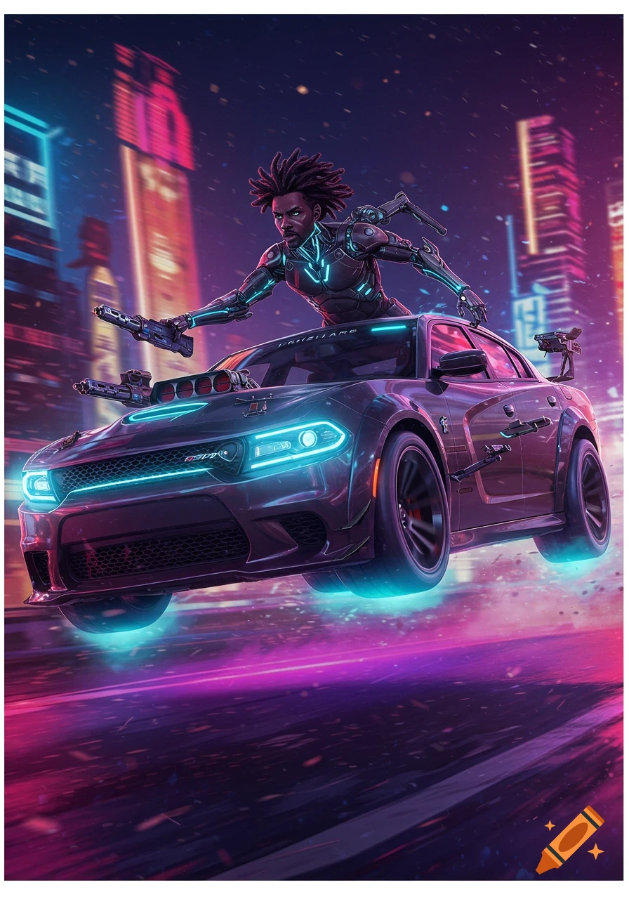 Dynamic Afrofuturistic art of a black man cyborg riding on a flying futuristic car in a cyberpunk city.