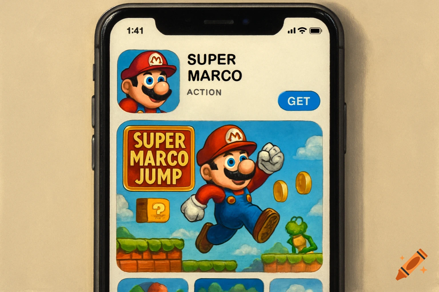 A mobile phone screen displays a game app store page for 'SUPER MARCO', a Super Mario ripoff game, showing a screenshot of the character jumping over a frog.