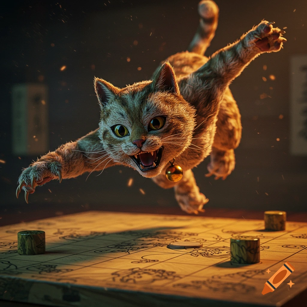 A fierce-looking cat leaps over a board game with characters on it in ...