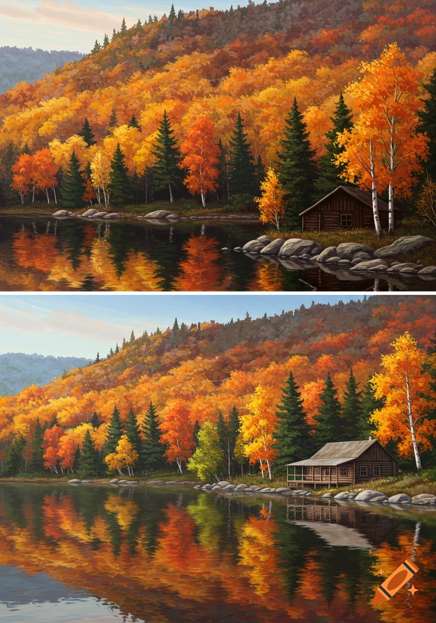 Painted scene of a forest lake with autumn foliage and a log cabin on the shore.