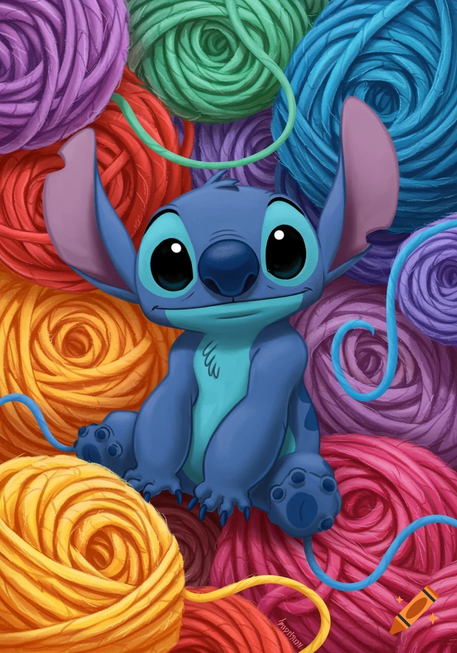 Illustration of Disney's Stitch surrounded by colorful yarn.