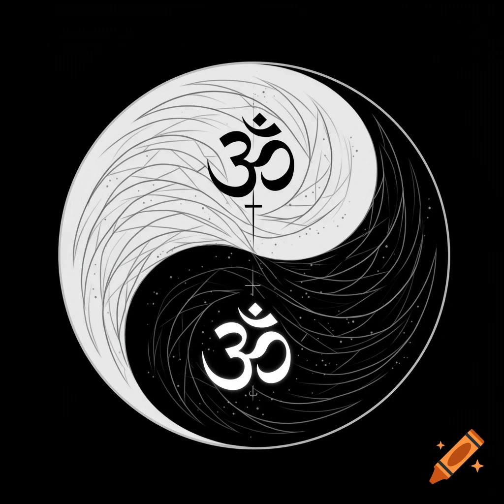 Black and white Yin-Yang symbol with Aum symbols inside.