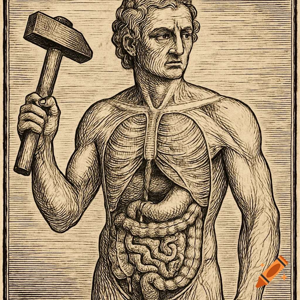 Woodcut illustration of a man with visible internal organs holding a hammer.