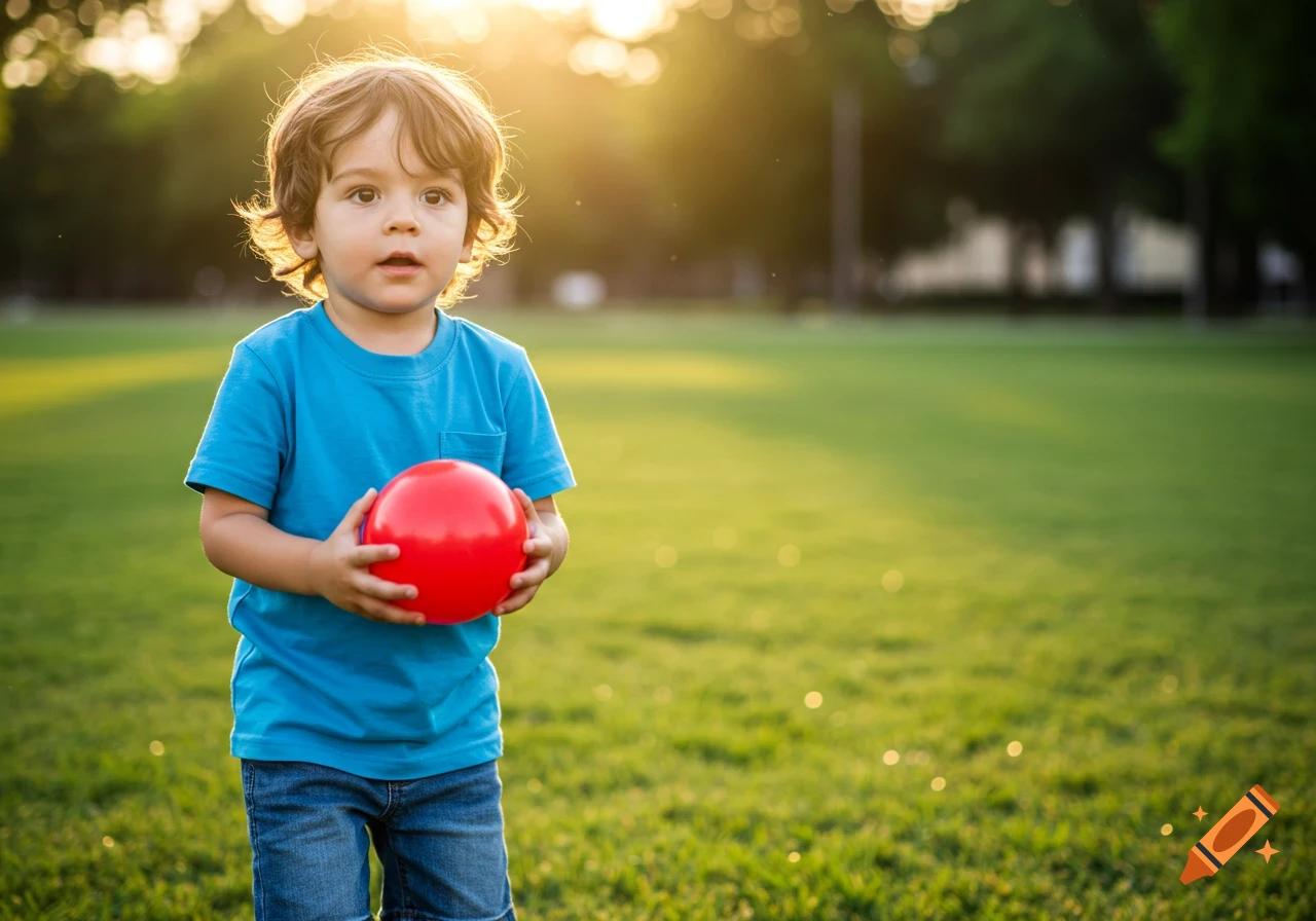 Young boy holding a red ball in a sunny park at sunset.