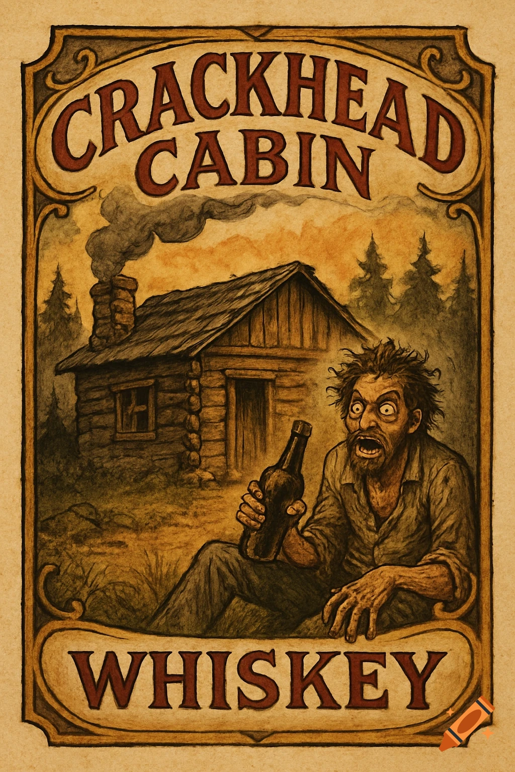 Vintage illustration of a disheveled man with a bottle in front of a cabin, text reads 'CRACKHEAD CABIN WHISKEY'