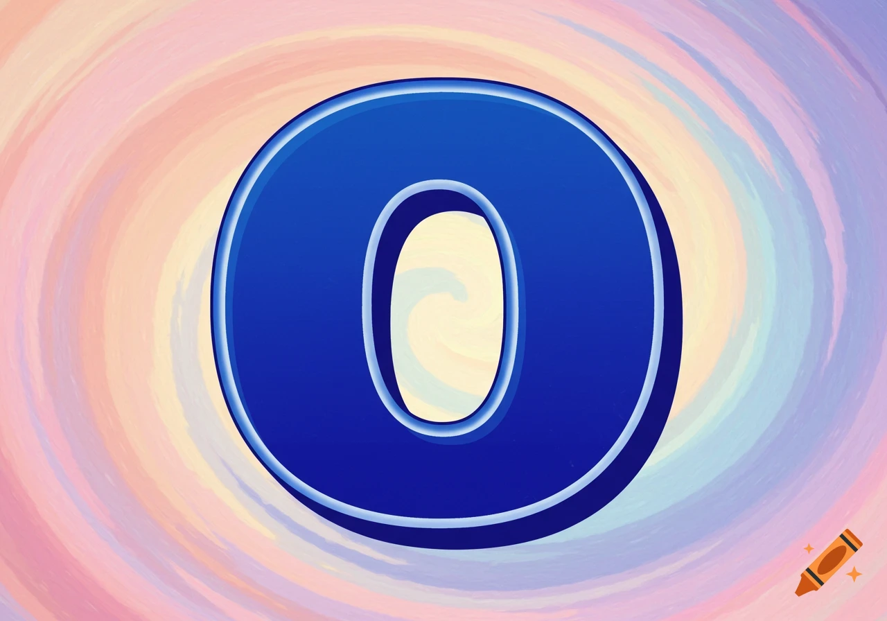 A blue letter O with a white outline on a swirly pastel background.