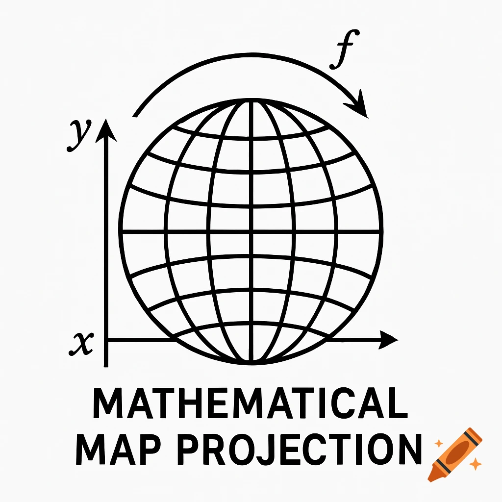 Diagram of a mathematical map projection showing a globe, x and y axes, and the text MATHEMATICAL MAP PROJECTION.