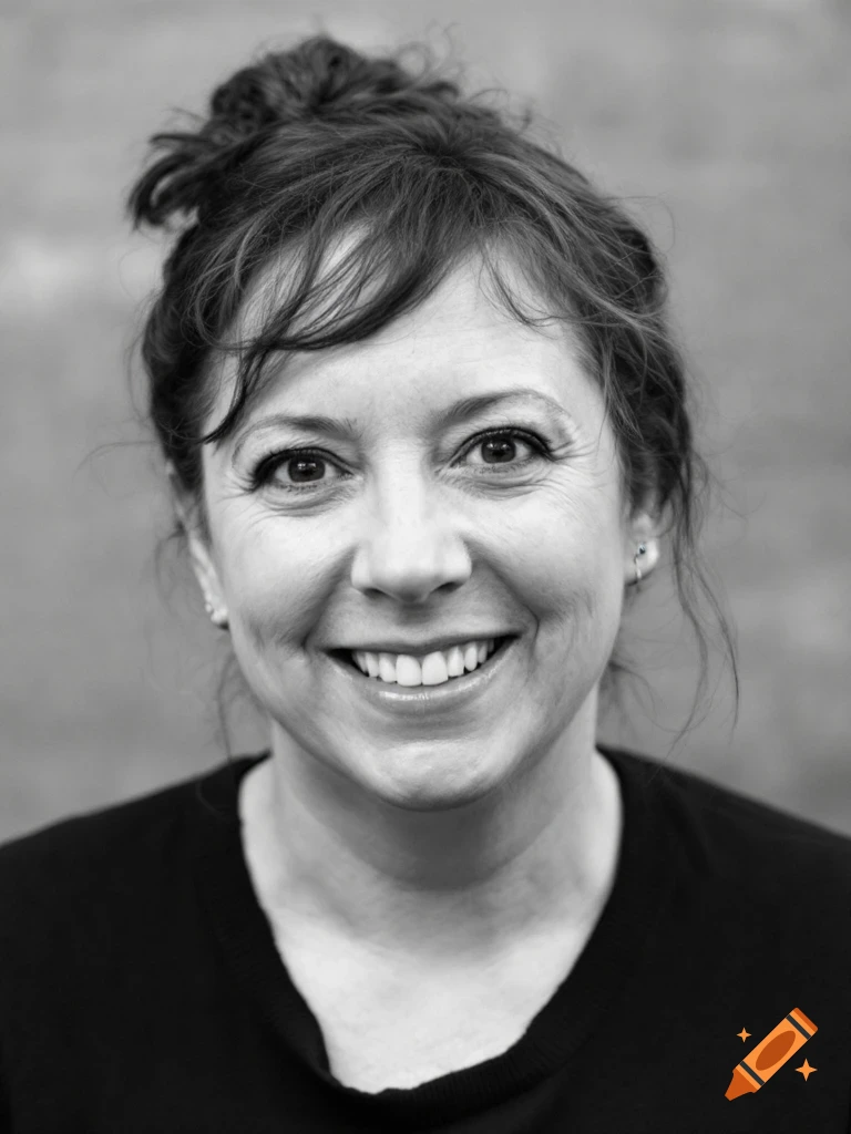 Black and white close-up portrait of a smiling woman.