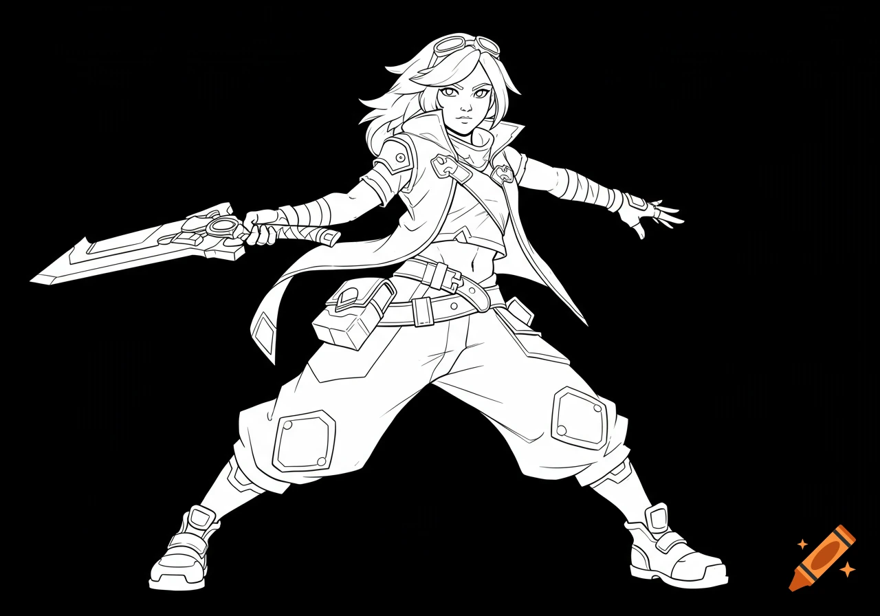 Line drawing of a female Valorant game character with goggles and tactical outfit, holding a sword in a wide stance.