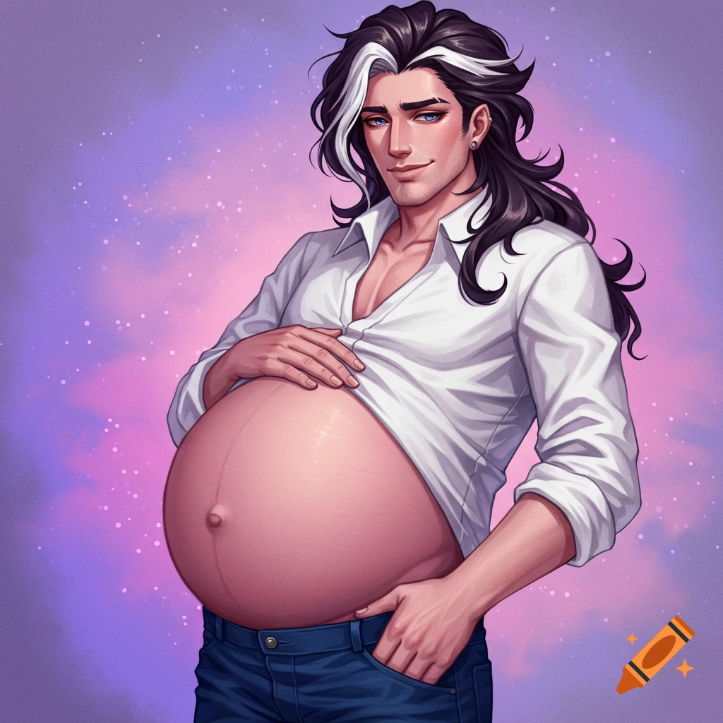 Anime illustration of a heavily pregnant man with dark hair and white streaks holding his belly, against a purple background.