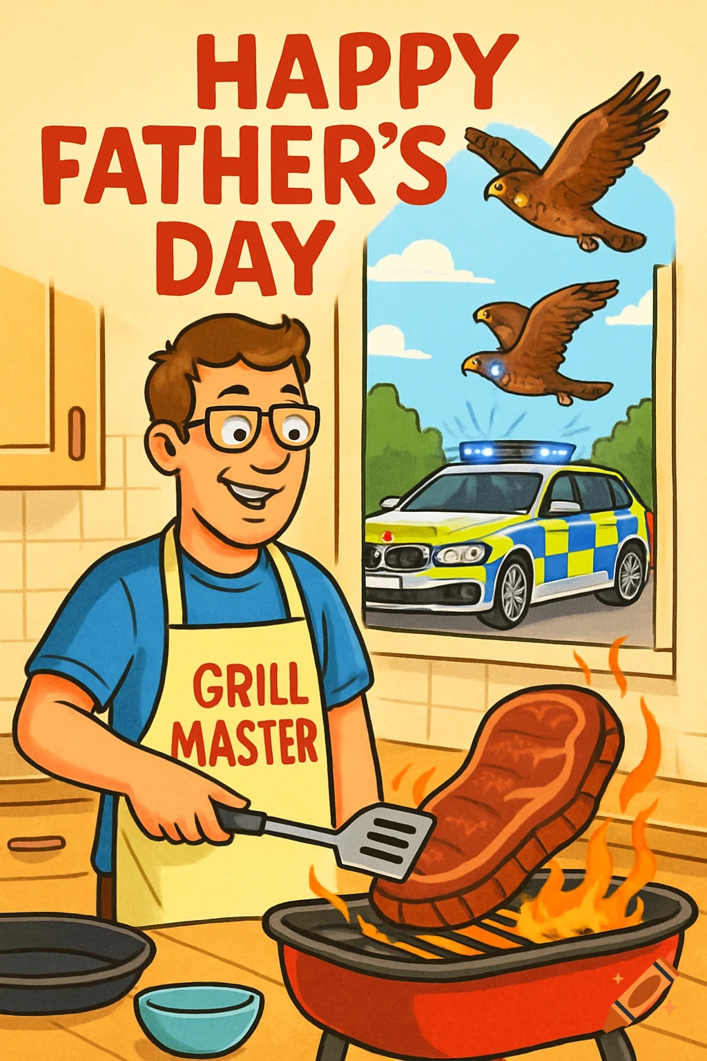 Cartoon Father's Day card with dad grilling steak, police car, and birds.