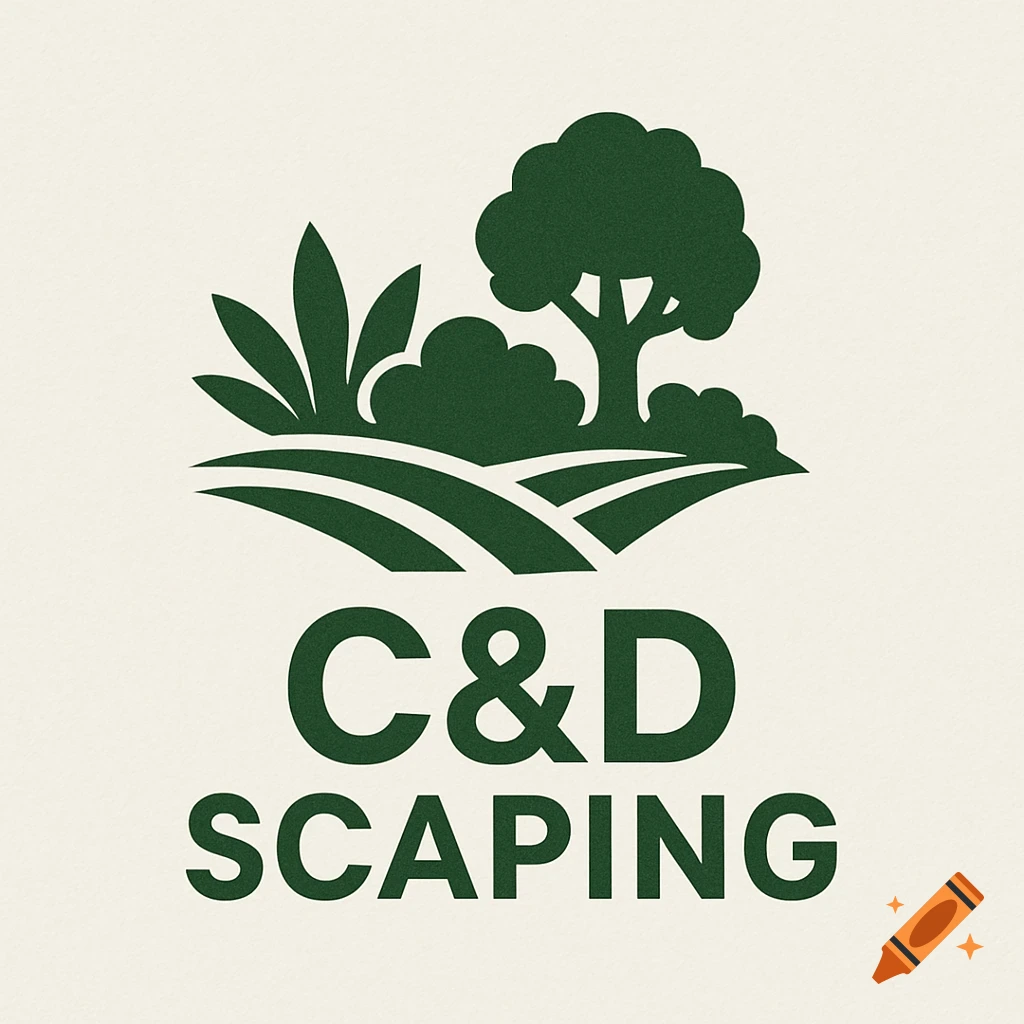Green logo for C&D SCAPING with hills, a tree, and bushes.