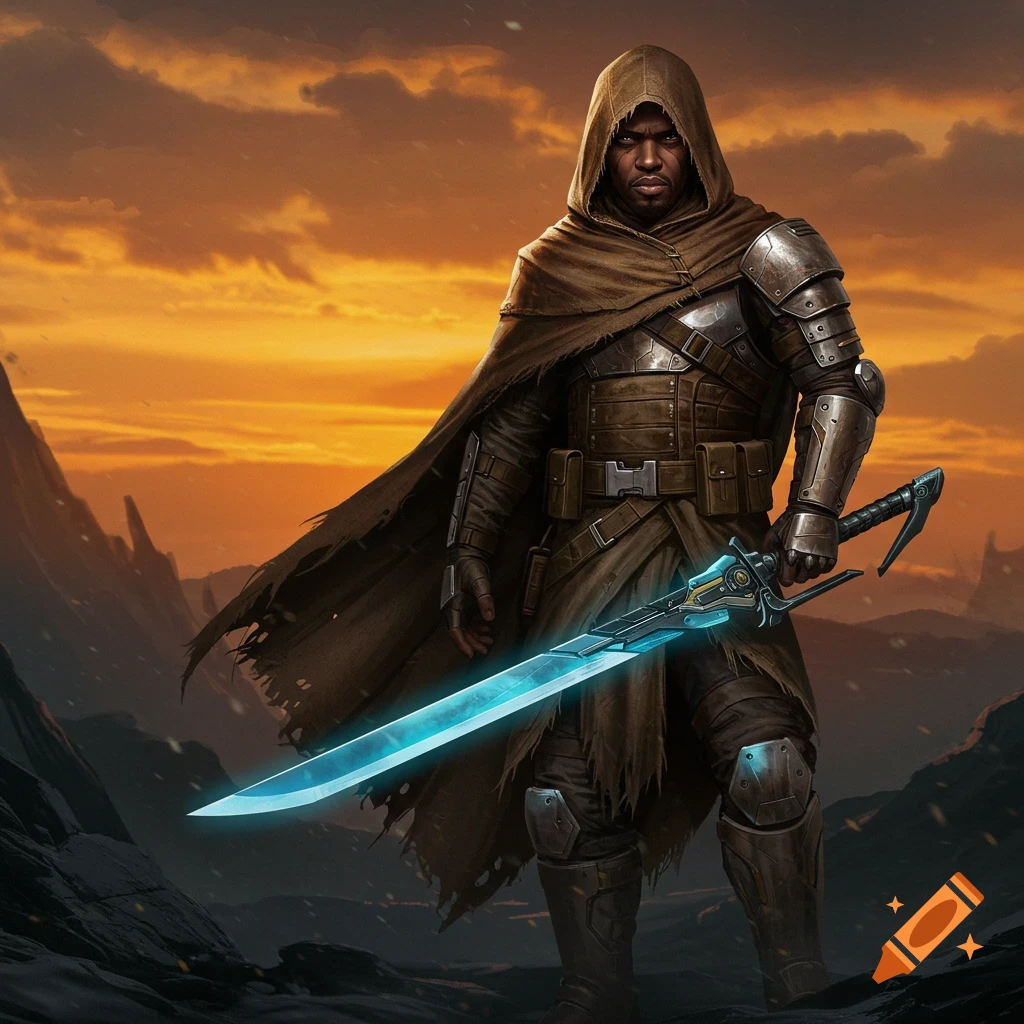 A hooded commando in futuristic armor holds a glowing sword at sunset in a rugged landscape.