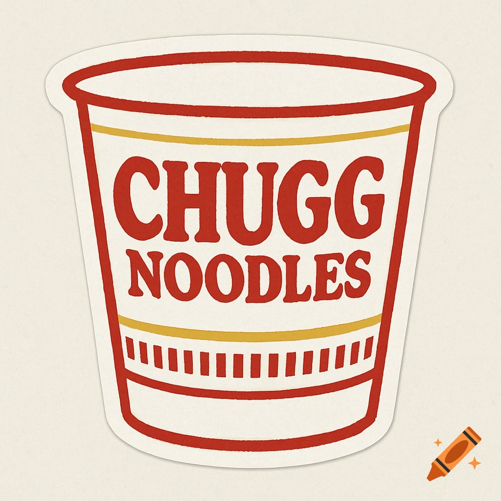 A graphic logo sticker of an instant noodle cup with the text 'CHUGG NOODLES'.
