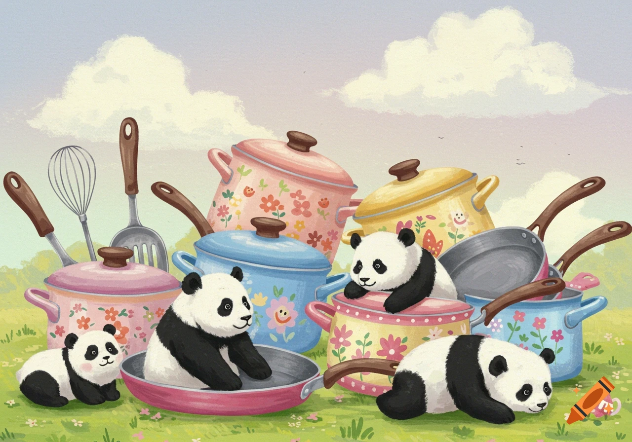 Watercolor illustration of pandas playing among colorful cooking pots and pans in a grassy field.