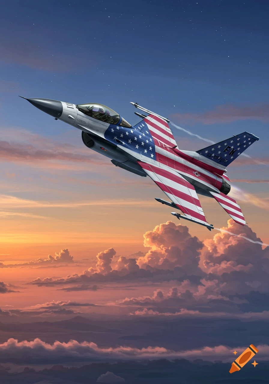 F16 jet painted with the American flag flies through clouds at sunset.