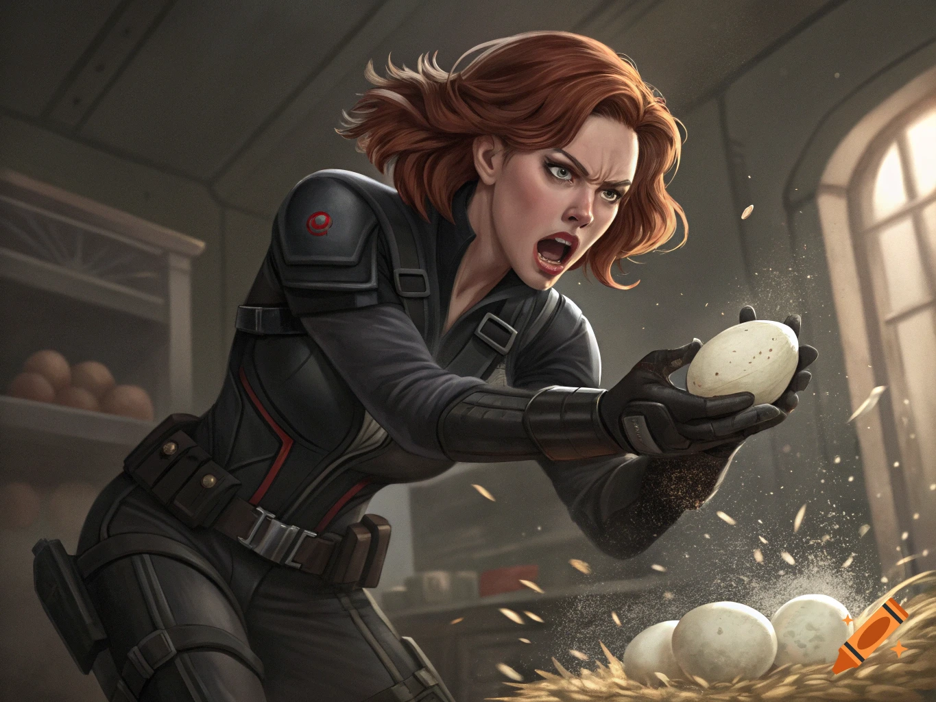 Illustrative art of Black Widow holding an egg in a barn, looking ...