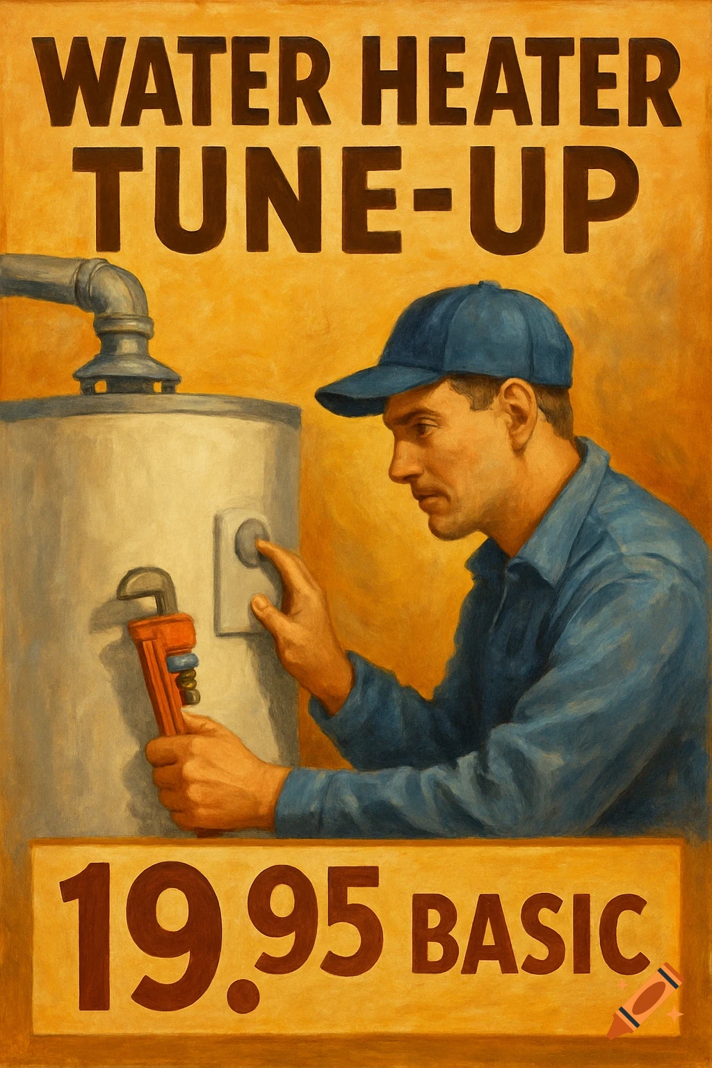 Painting of a man working on a water heater, with text advertising a tune-up for 19.95.