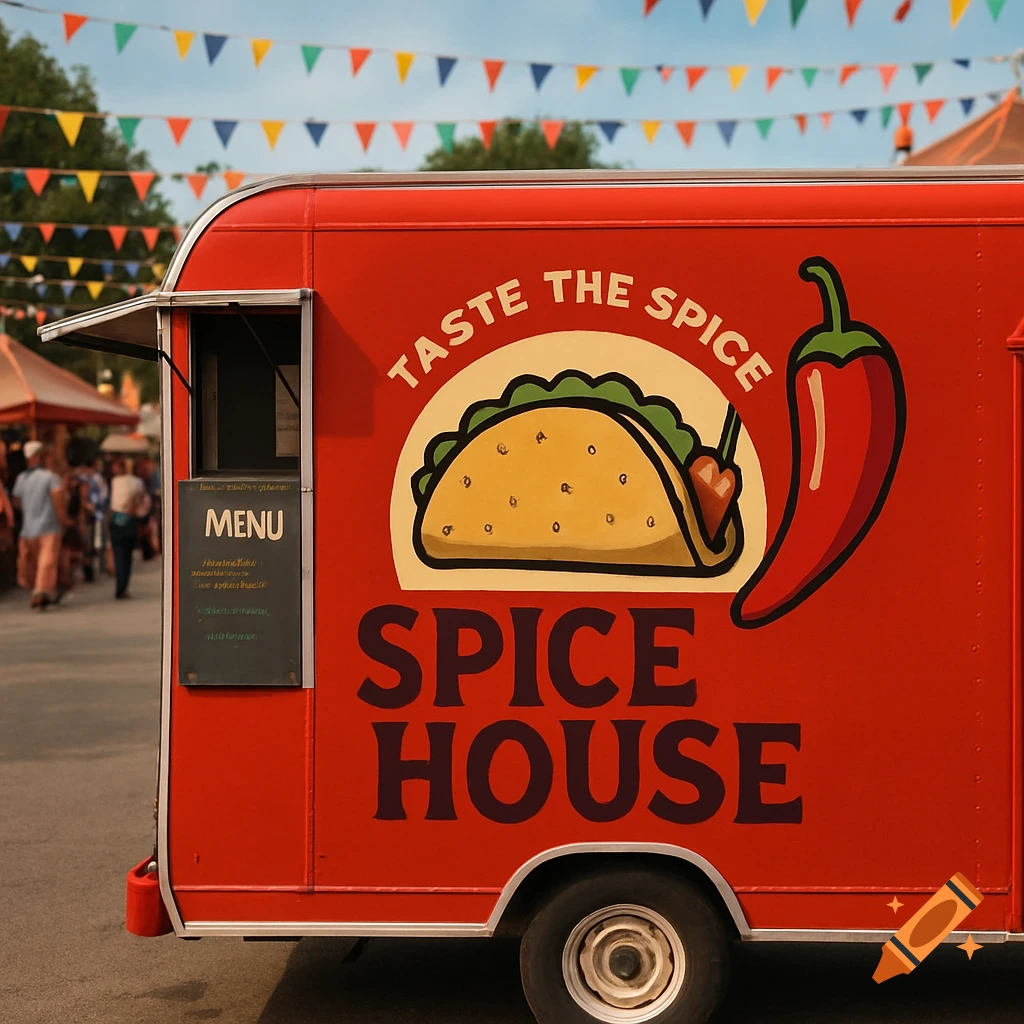 A red food truck with a "Taste the Spice Spice House" logo featuring a taco and red chili, set against a blurry festival background with colorful flags.