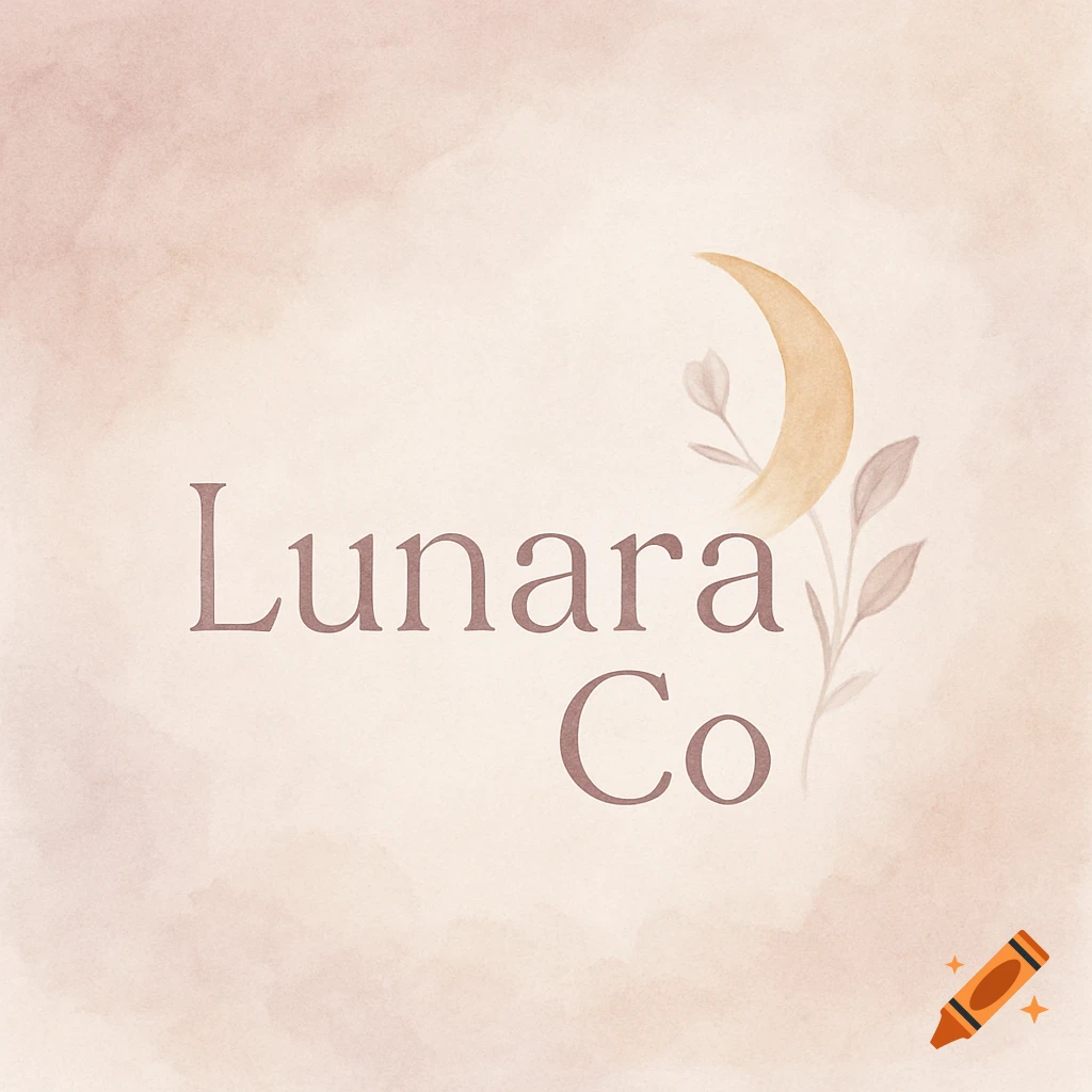 A soft watercolor logo with the text "Lunara Co" next to a crescent moon and botanical elements.